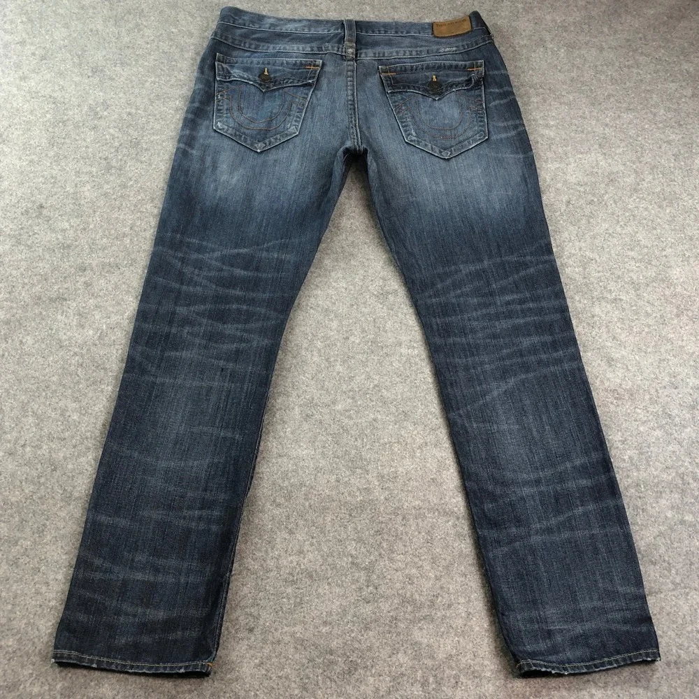 True Religion Mens Jeans 38x34 Geno Relaxed Slim Flap Pockets Dark Wash Blue USA